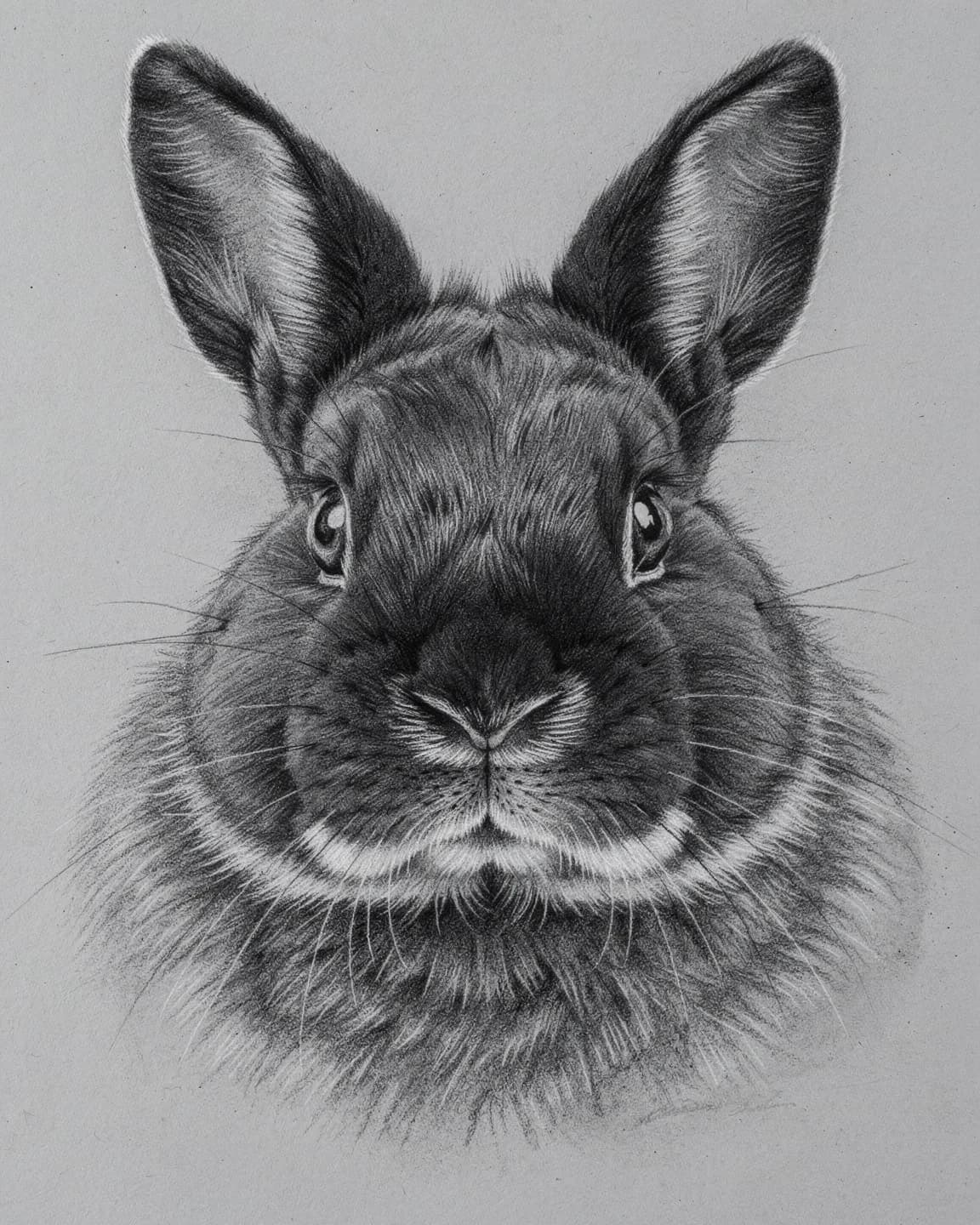 Compressed Charcoal portrait of Pepper, a Mini Rex rabbit